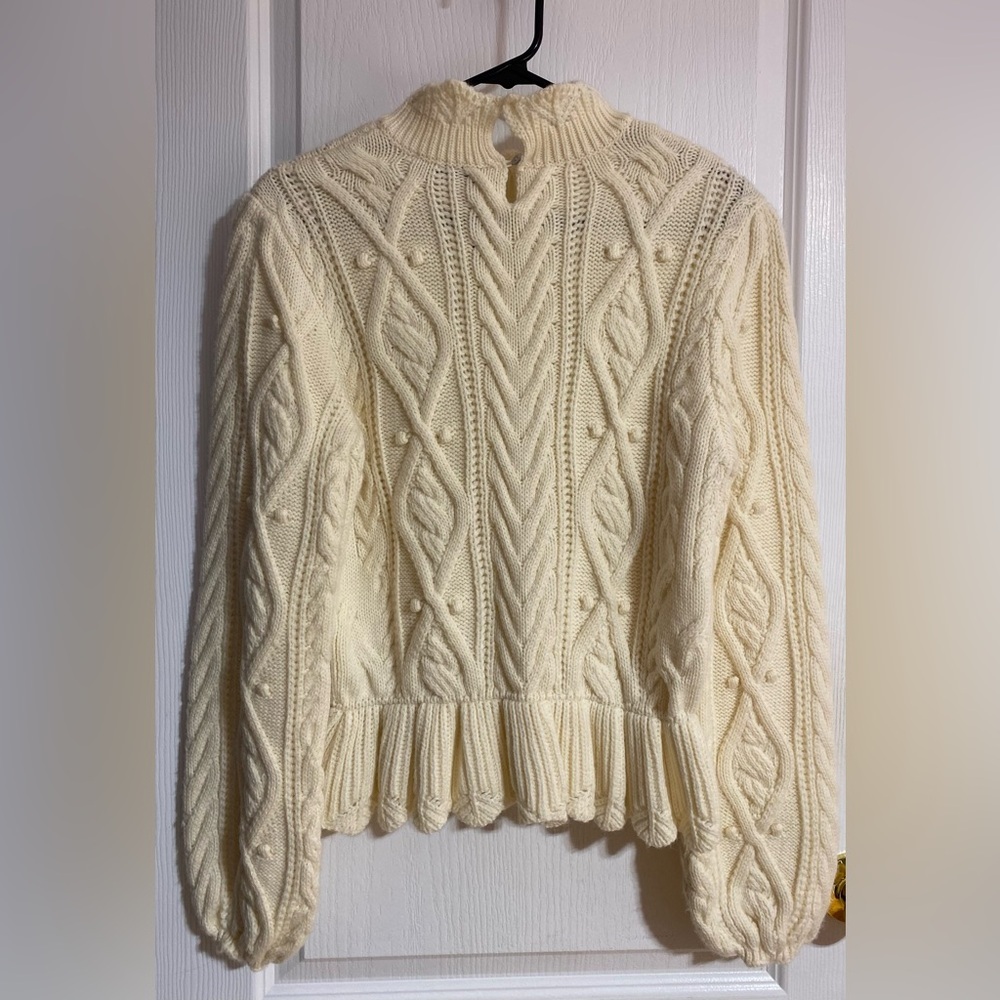 NWOT Zara Wool Blend Peplum Cable Knit Warm High Neck Cream Sweater Size Medium - Picture 10 of 13